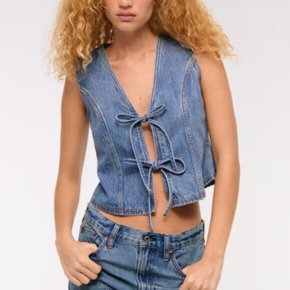NWT Abercrombie Fitch Tie Front Denim Vest Jean Bows Open Front V Neck XXS Fall - Picture 1 of 15